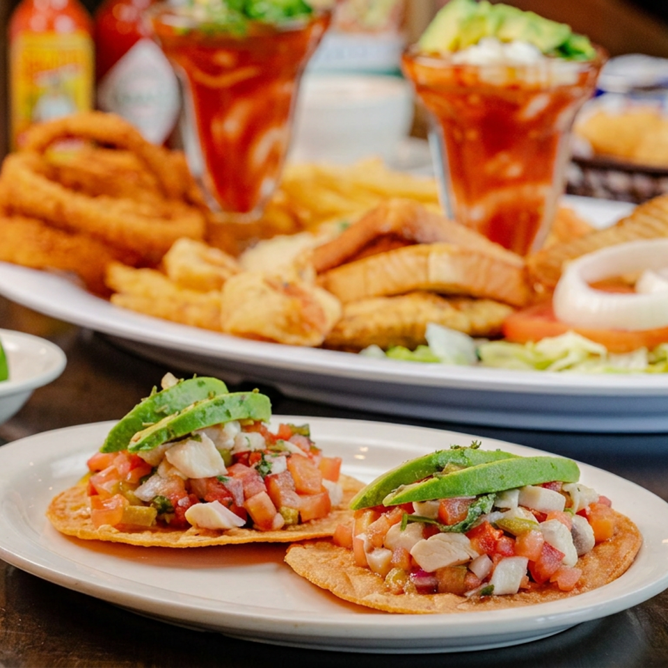 Mexican seafood tostadas topped with ceviche and avocado, alongside fried appetizers, salsa, lime wedges, and a colorful drink.