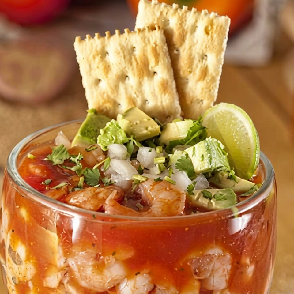 Mexican shrimp cocktail topped with avocado, onion, cilantro, lime, and crackers in a glass bowl.