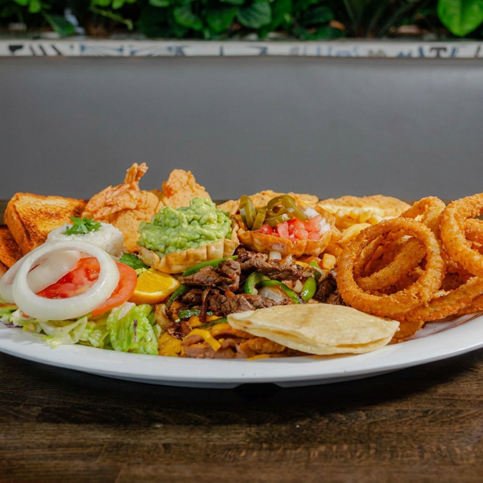 Large platter of Latin American food featuring grilled meat, fried shrimp, guacamole, onion rings, toast, salad, and tortillas.