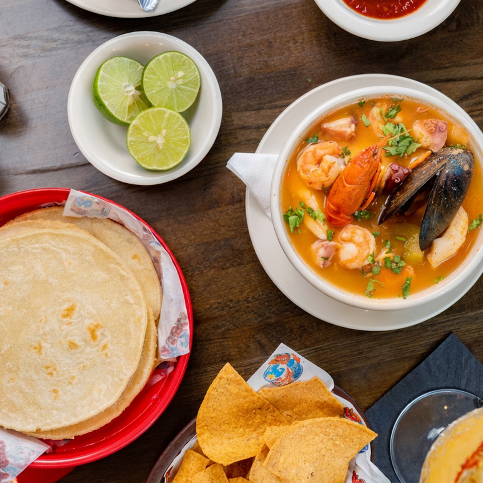 Overhead view of a Mexican meal with seafood soup, tortillas, tortilla chips, tacos, lime wedges, sauces, and colorful drinks.