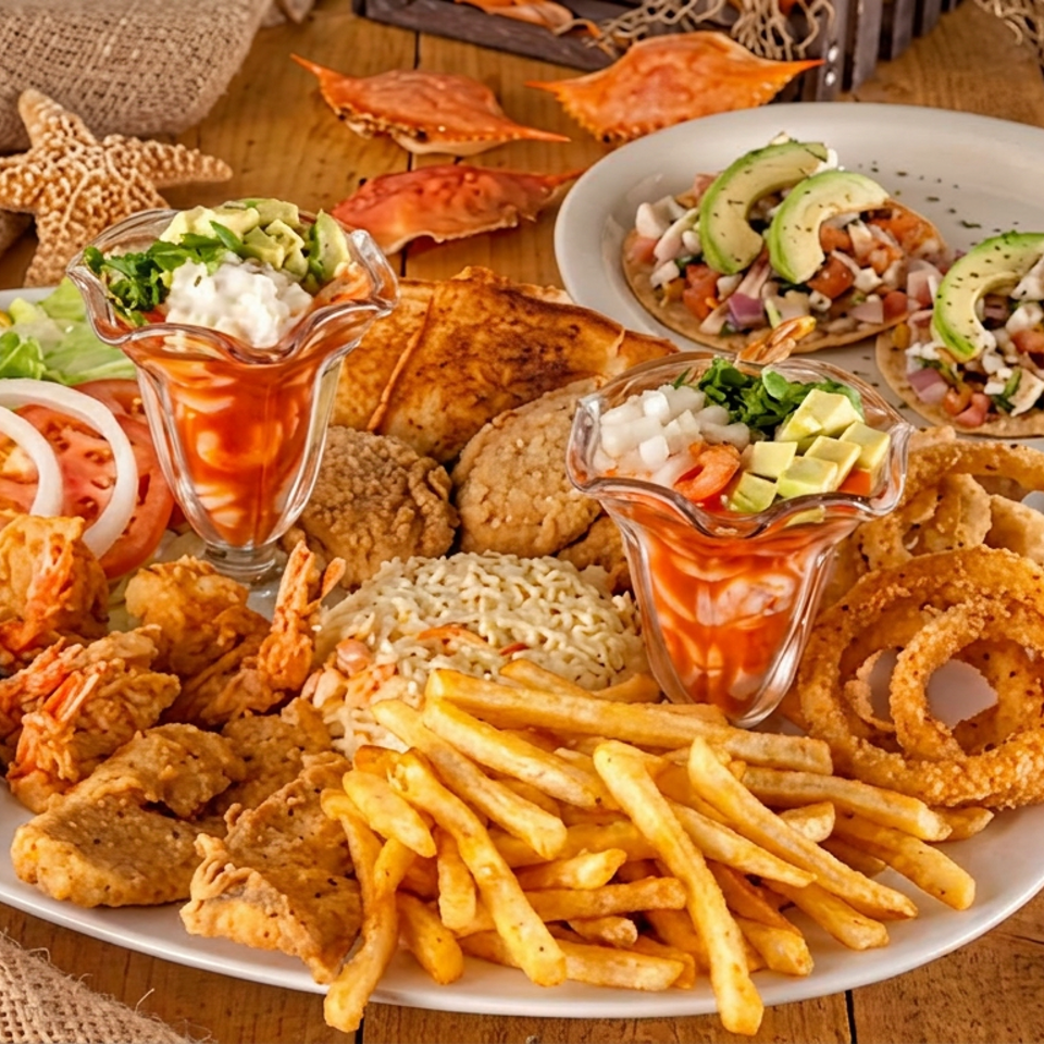 A seafood platter featuring fried shrimp, fish, calamari, fries, salad, citrus, avocado, and shrimp cocktail on a wooden table.