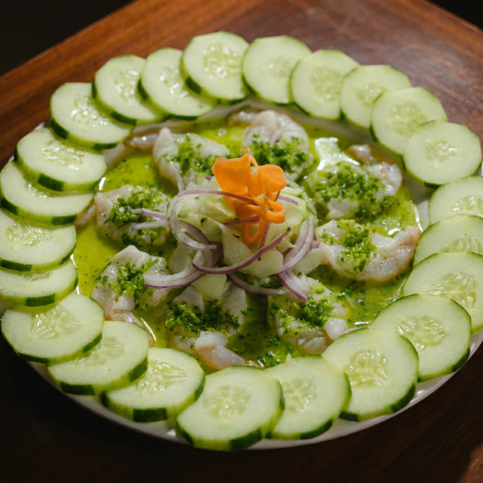 Plate of ceviche in green sauce, ringed with cucumber slices and topped with red onion and an orange flower.