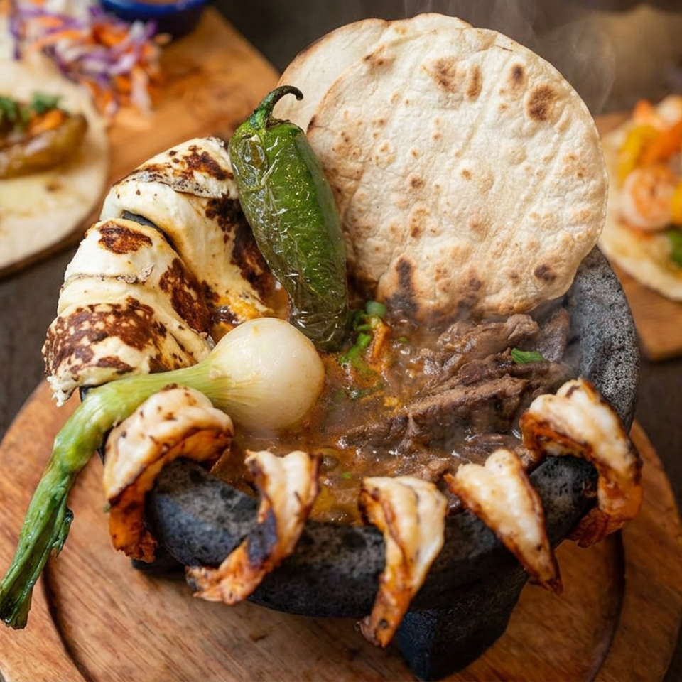 Sizzling grilled beef in a stone bowl with tortillas, mushrooms, spring onion, and roasted green chili, surrounded by tacos.