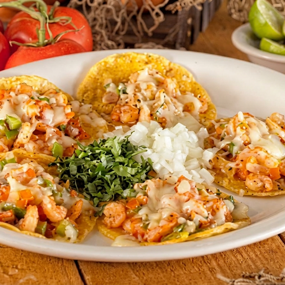 Four shrimp tacos topped with melted cheese, diced onions, cilantro, and peppers on a white plate, with tomatoes and lime wedges nearby.