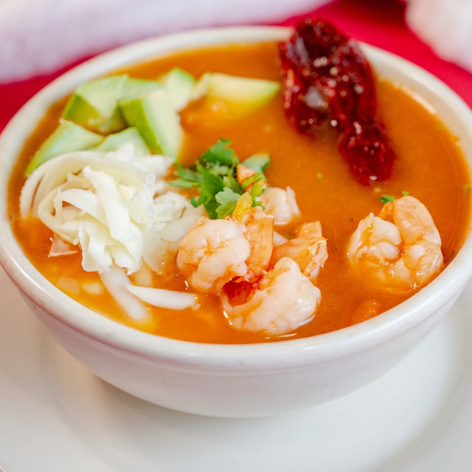 Bowl of orange shrimp soup garnished with cabbage, cucumber, cilantro, and red chili on a white saucer.