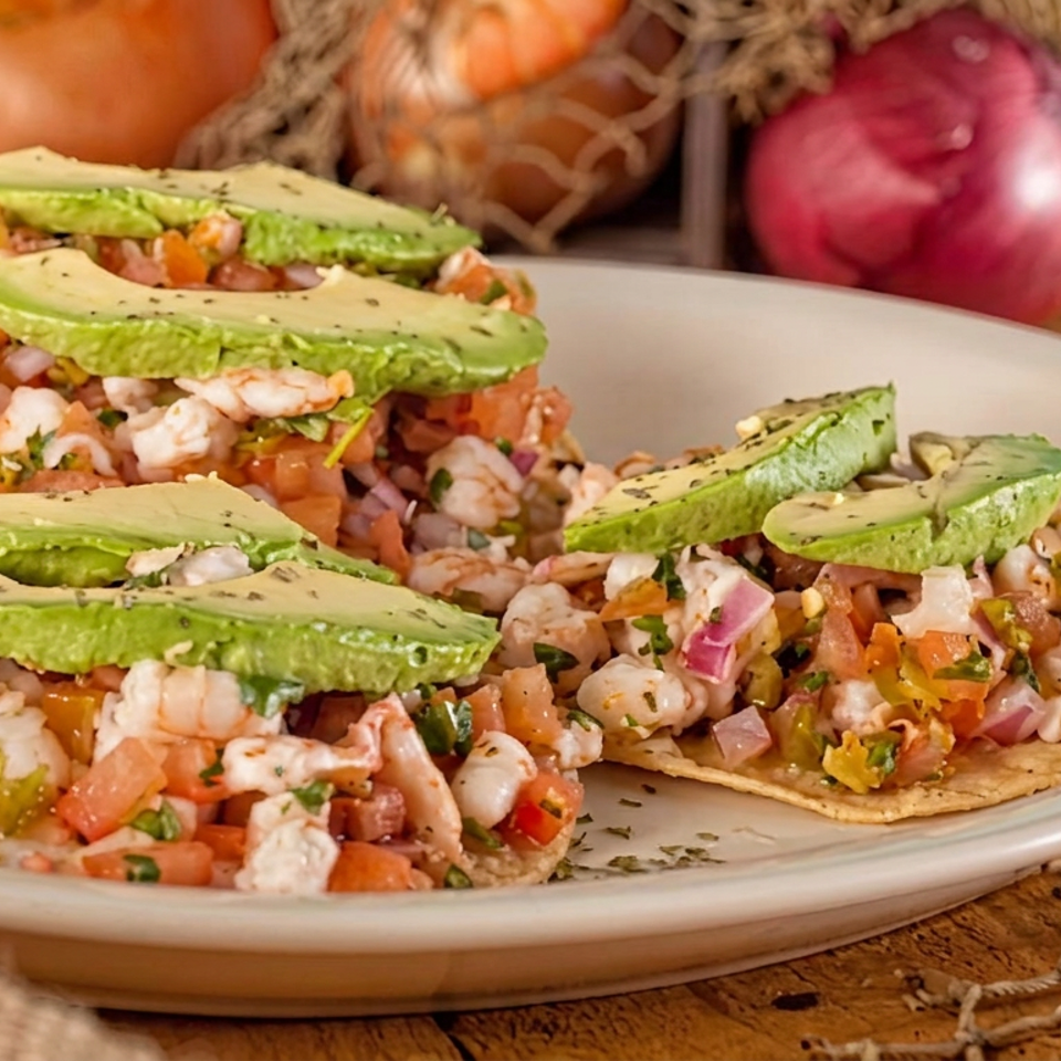 Three shrimp tostadas topped with avocado slices, tomatoes, onions, herbs, and peppers on a plate.